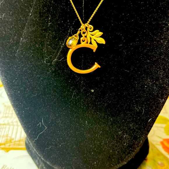 David Aubrey C dainty necklace gold tone crystal and leaf pattern around the C - Picture 3 of 4